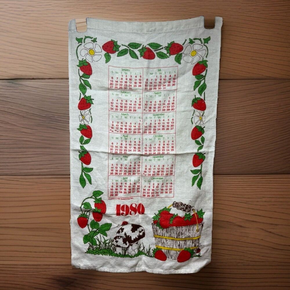 Vintage 1980 Cloth Wall Calendar Strawberry Mushroom Kitchen Cottagecore Granny